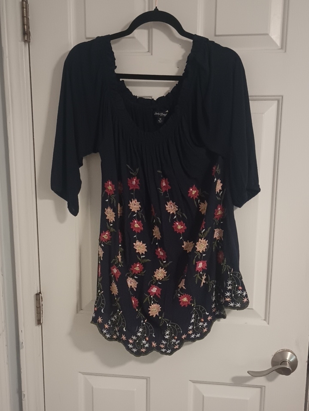 Lucky Brand Navy Embroidered Floral Peasant Off the shoulder Tunic